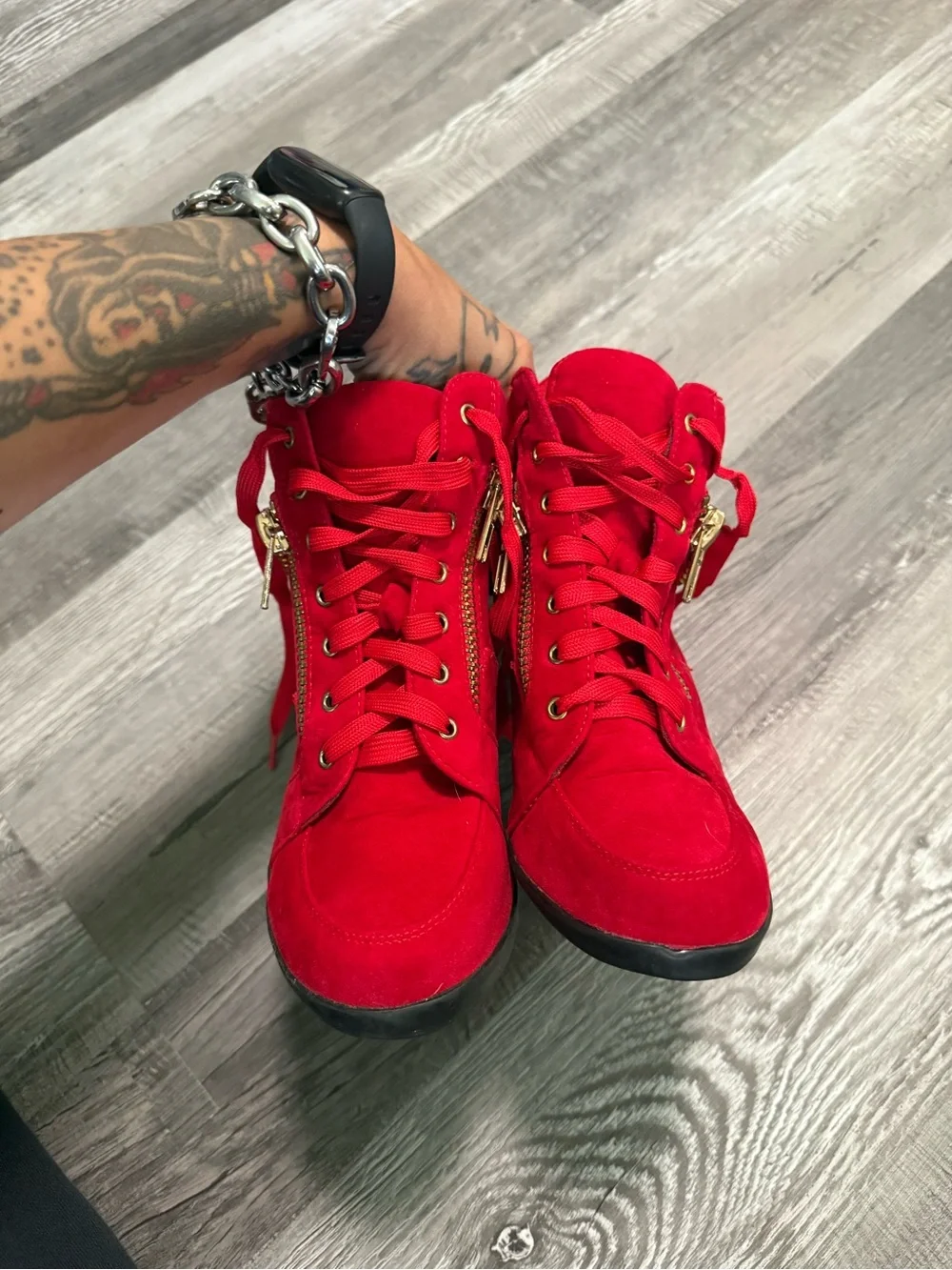 Red Wedge Sneaker Boots with Gold Zipper - Picture 9 of 10